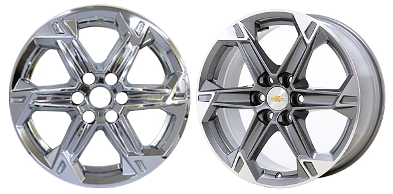 Chevrolet Blazer 2023-2025 Chrome, 6 Spoke, Plastic Hubcaps, Wheel Covers, Wheel Skins, Imposters. Fits 18 Inch Alloy Wheel Pictured On Right. Part Number IMP-8023PC
